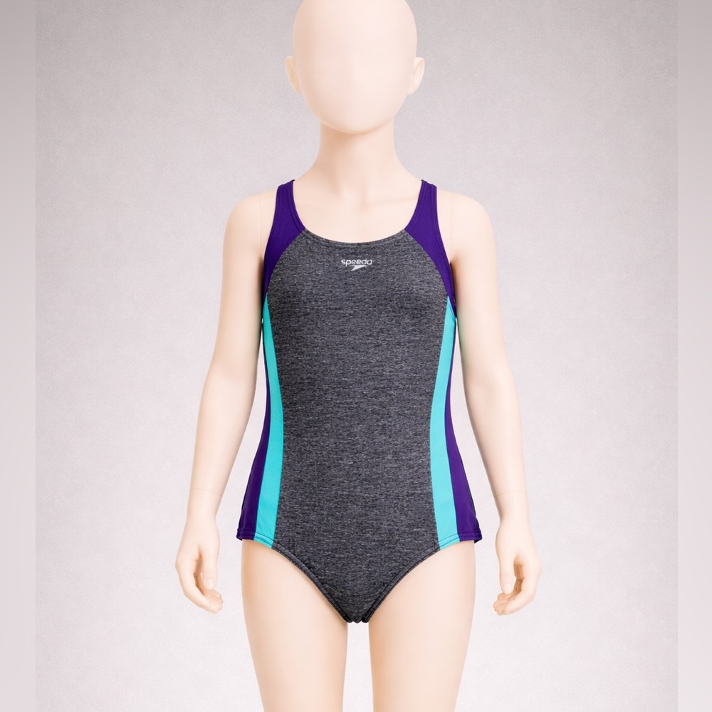 Speedo Kids One Piece Swimsuit - Charcoal, Violet, and Aqua